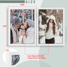 Frametory, Double 5x7 Hinged Picture Frame in White - Stand on Desktop or Tabletop - Definition Glass - Classic Display for Photos and Memories, 2-5x7