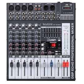 Boytone BT-60MX, 6 Channel Bluetooth Audio Mixer - DJ Sound Controller, USB MP3 Player, 4 XLR Microphone Jack, 7 Band EQ, 16 DSP Digital Multi Effects Processor, RCA IN-OUT Jack, 48V Phantom Power