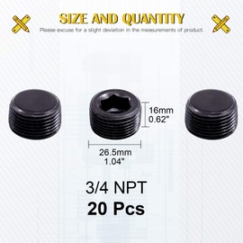 Mardatt 20 Pieces 1.9 cm NPT Plug Pipe Plug Fitting Carbon Steel Male Thread Hex Socket Pipe Plug Set
