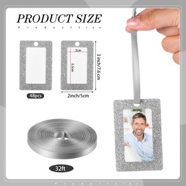 Queekay 48 Pieces Christmas Photo Ornament Frames 2 x 3 Inch Hanging Picture Xmas Gifts Glitter Mini Frames with Ribbon DIY Crafts Hanging on Christmas Trees Easter Wedding Decorations(Silver)