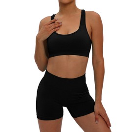 HomyComy Women's Sports Suits 2 Pieces Seamless Outfit Tracksuit Jogging Suit Crop Top and Shorts Leggings Clothing Sets Yoga Outfit Leisure Suit Sportswear, black