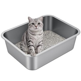 Stainless Steel Litter Box with High Sided, Metal Cat Litter Box, Odor-Free, Non-Stick Litterbox Pan, Easy to Clean Pet Supplies Toilet Tray for Indoor Cats, Kittens or Multicat Homes