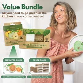 AIRNEX Pack of 12 Biodegradable Cellulose Compressed Sponges with Pack of 12 S-Shape Eco Dishwashing Sponges