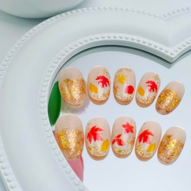 24Pcs Autumn Thanksgiving Press on Nails Short Oval PODUOJIEYI False Nails with Gold Glitter Nail Tips Designs Fall Maple Leaf Fake Nail Glossy Reusable Stick on Nails for Women Manicure Decorations