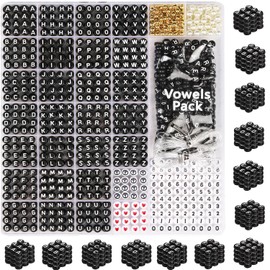 DoDoBeads Cuentas de letras negras para pulseras - 1650 unidades de cuentas de acrílico redondas con letras vocales extra, cuentas numéricas y cuentas espaciadoras - Ideal para pulseras, collares