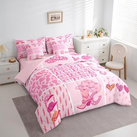 Feelyou Pink Western Decor Bed in a Bag Full Size Wild West Cowgirl Comforter Set 7 Pieces Cowgirl Boots Hats Horseshoes Bedding Set Patchwork Grid Bed Set with Comforter, Sheet Set, Pillowcases
