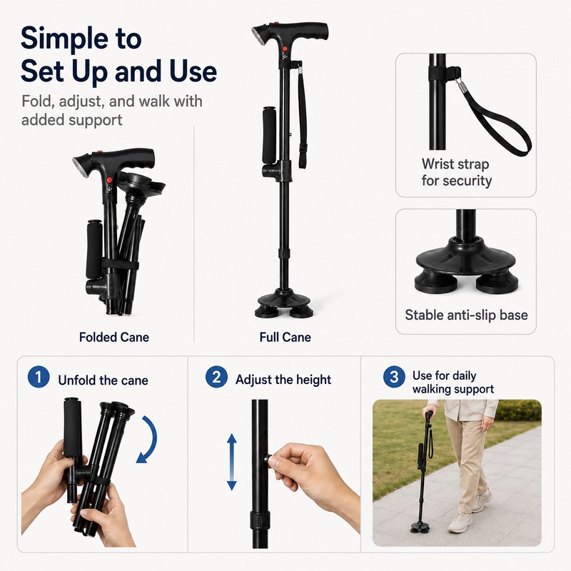 Folding Walking Cane with LED Light & Audible Alert Button,