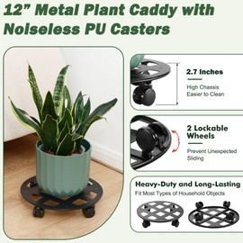 2 Packs Large Metal Plant Caddy 12" Heavy-Duty Wrought Iron Rolling Plant Stands Indoor Outdoor Wheeled Plant Dolly Planter Mover Rollers Plant Trolley Cart, Plant Saucers Included, Square Grid