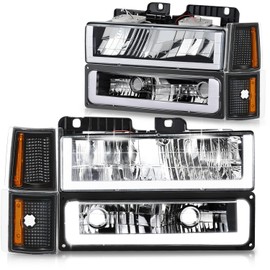 DNA MOTORING U Style LED DRL Headlight+Bumper Signal+Corner Lamps Set Compatible with 92-99 Chevy GMC C/K 1500 2500 Suburban Yukon,Black/Amber, HL-LB3-8P-C10-3G-BK-AM