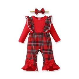 Renotemy 3-6 Month Girl Clothes Fall Winter Outfits Ribbed Romper Red Plaid Jumpsuit Overalls Flared Christmas Baby Girl Shower Gifts Newborn Coming Home Outfit Infant Girls Clothes 3-6 Months