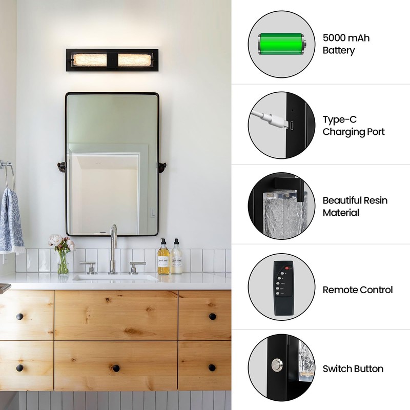 Battery Operated Resin Wall Sconce - Wireless Rechargeable Black Wall