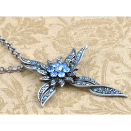 Alilang Silvery Tone Shinely Crystal Rhinestones Cross Sun Flower Pendant Necklace, Blue