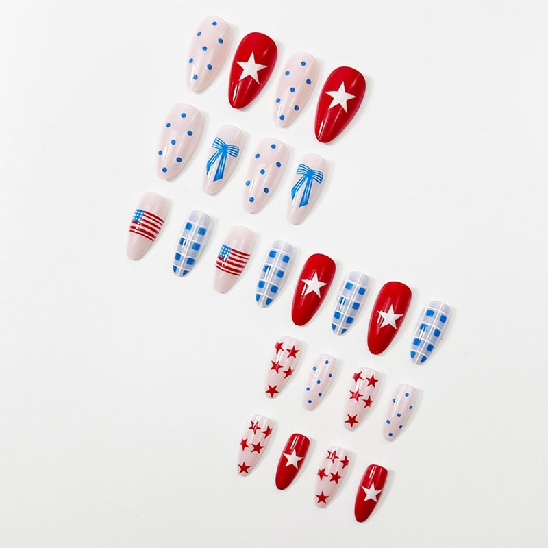 4th of July Press on Nails-Medium Almond Fake Nails Red