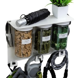 Vascito Premium Dog Closet Leash Hooks for Wall, Dog Collar holder,13.5" Dog Shelf, and 3 Large Airtight Dog Treat Containers, Dog Stuff Organizer, Dog Walking Accessories, Jars for Puppy Essentials