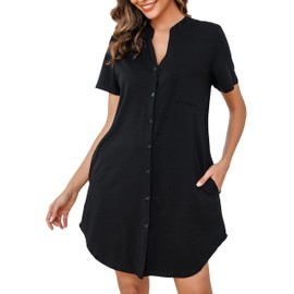 Vlazom Nighties for Women, Ladies Button Down Nightdress Short Sleeves Soft Casual Sleepshirt Nightshirt Loungewear Y-Black,XL