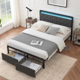 Queen Size Bed Frame LED Upholstered Headboard Platform Bed Frame with 2 Drawers