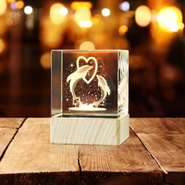 LONGWIN 3D Crystal Dolphin Gifts, Glass Laser Engraved Crystal Gifts Dolphin Figurines Led Night Light 50mm Cube Gifts for Women Wife Girlfriend Birthday Valentines Day Mothers Day Christmas