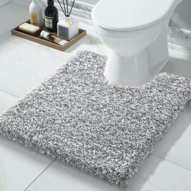 Yimobra Fluffy Toilet Rugs U Shaped, Shaggy Soft Comfortable Non Slip, Water Absorbent Microfiber Bath Mat, Dry Quick, Machine Washable Thick Bathroom Floor Rugs, 61 x 51 cm, Light Gray and White