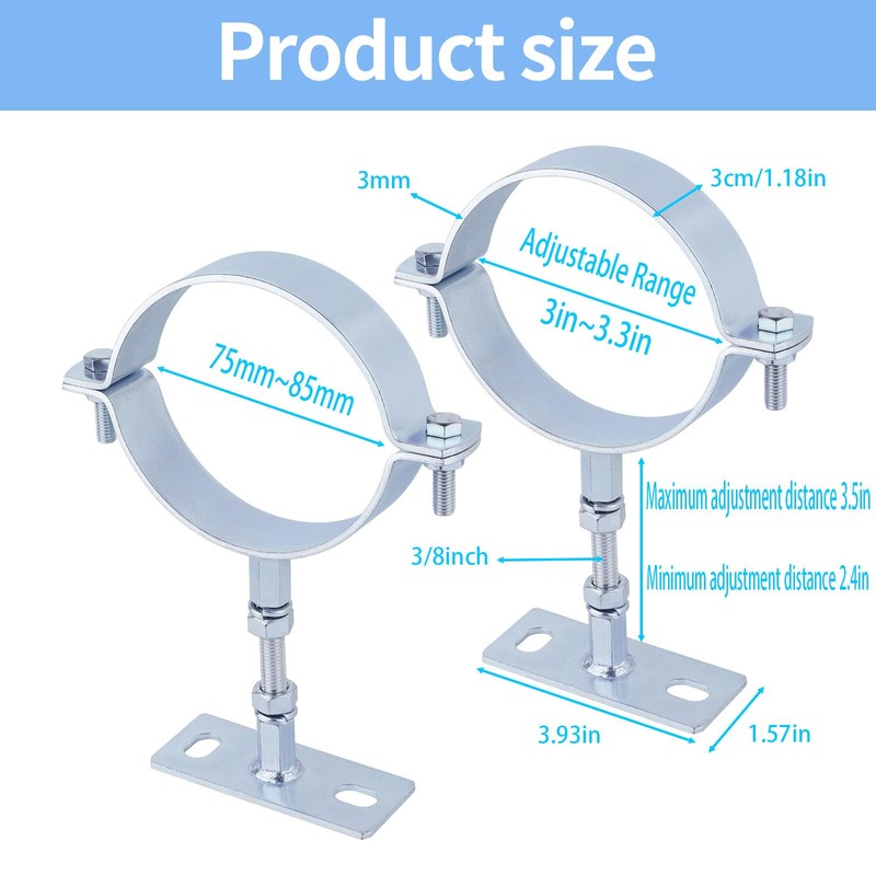2 Pcs 3 Inch Adjustable Pipe Bracket, Heavy Duty Galvanized