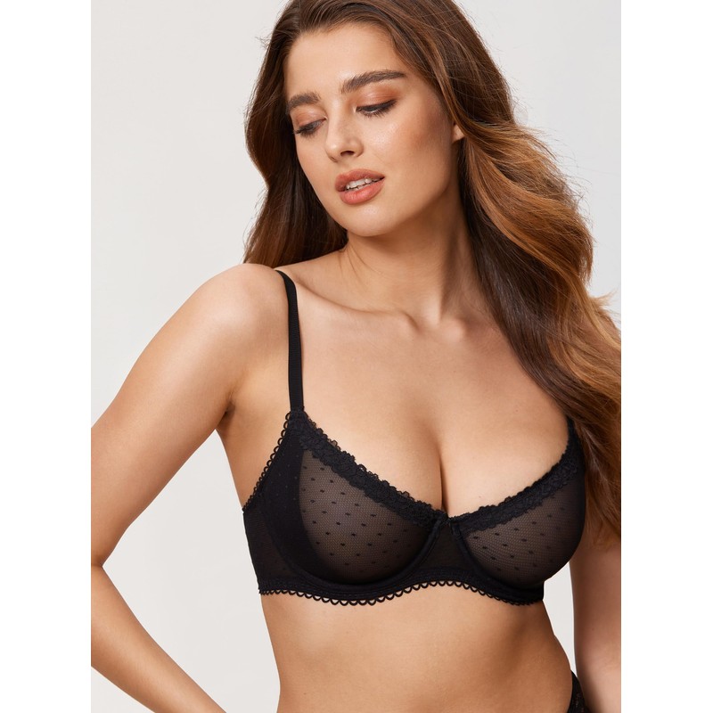 DOBREVA Women's Lace Bra Balconette See Through Underwire Sheer Mesh