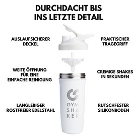 GYMSHAKER Edelstahl Shaker 900 ml - Wabenstruktur-Sieb für cremige Protein Shakes - auslaufsicher & BPA frei - Weiß