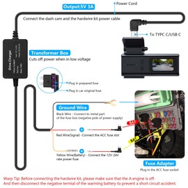 GINTOOYUN 3.3m / 10.82in Car Recorder Hardwired Kit USB C Port Typ-C USB Hardwired mit Sicherung 12V-24V bis 5V für Fahrrekorder, GPS-Stromversorgung, Radar-Detektor usw