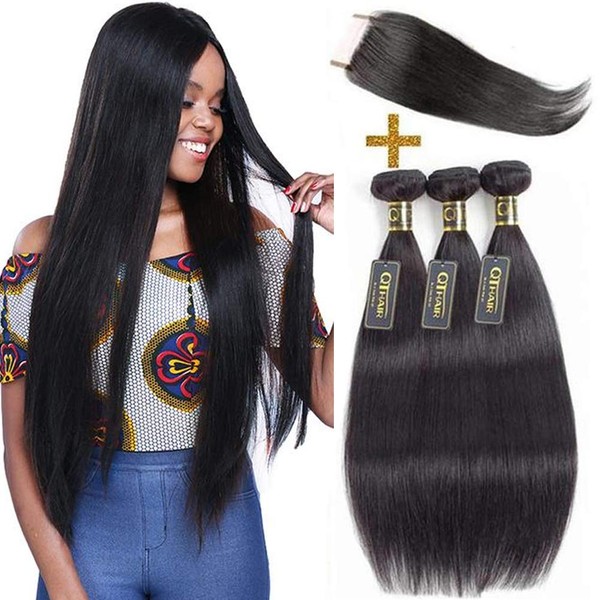 QTHAIR 12A Brazilian Straight Hair 3 Bundles with 4x4 Lace Closure(16" 18" 20" with 14" Free Part Closure,Natural Black) 100% Unprocessed Brazilian Virgin Hair Straight Weave With Swiss Lace Closure