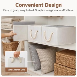 StorageWorks Cestas de Almacenamiento para Estanterías, Bandejas de Armario Plegables de Tela con Asas, Organizador de Ropa de Tela, Beige, Blanco y  