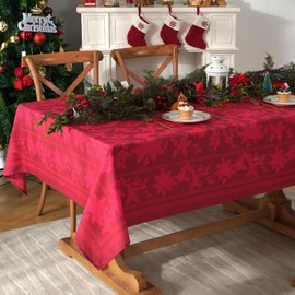 Yrendenge Christmas Red Tablecloth Poinsettia Washable Tablecloths Rectangular Holly Leaves Wrinkle-Free Tablecloth Poinsettia Tablecloth for Holiday Kitchen Party 152 x 213 cm