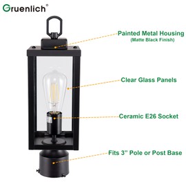 GRUENLICH Outdoor Post Lighting Fixture Pole Lantern, E26 Medium Base Max 60W, Metal Housing Plus Glass, Matte Black Finish, Bulb Not Included, 2 Pack