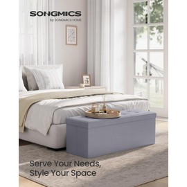 SONGMICS MAZIE Collection - 43 Inches Folding Storage Ottoman Bench, Ottoman with Storage, Foot Rest Stool, Load 660 lb, for Living Room, Synthetic Leather, Light Gray ULSF70GY