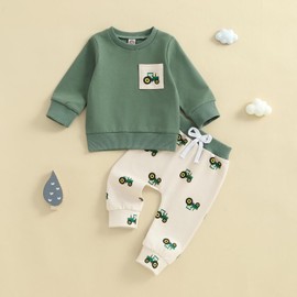MAHUAOYIXI Toddler Boys Outfits 18-24 Months Long Sleeve Tractor Print Sweatshirts Pullover Tops and Elastic Waist Long Pants 2Pcs Set Baby Boy Tracksuit 2-3 Years (Green, 6-12 Months)