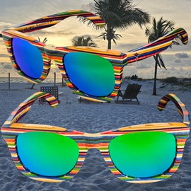 Pelican Sunwear Wood Sunglasses | Polarized Lenses | Multi-Colored Layered Rainbow Vintage Wooden Frame Men Women