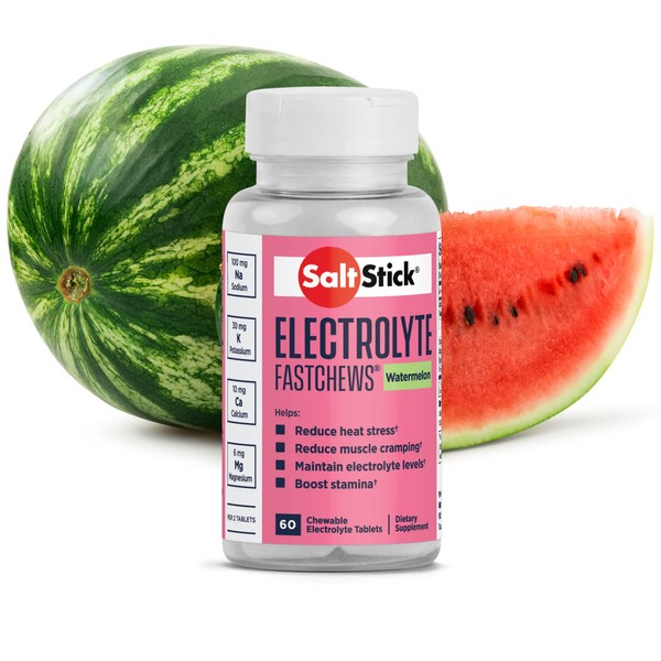 SaltStick FastChews Electrolytes - 60 Chewable Electrolyte Tablets - Watermelon - Salt Tablets for Running, Fast Hydration, Leg Cramps Relief, Sports Recovery - Non-GMO, Vegan, Gluten Free