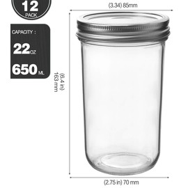 KAMOTA Wide Mouth Mason Jars 22 OZ With Wide Lids and Bands, Ideal for Jam, Pudding, Honey, Wedding Favors, DIY Spice Jars, Shower Favors,12 PACK, 12 Silver Pipette Covers Included