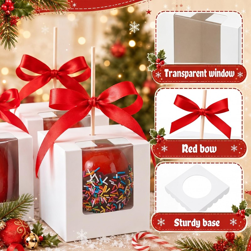 100 Pcs 4"x4"x4" Caramel Apple Boxes with Window, Base, Sticks