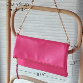 Women's Zipper Foldover Clutch Vegan Leather Envelope Cross body Bag with Chain Strap (Hot Pink)