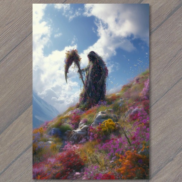 PaperMadDogScar POSTCARD Grim Reaper Flowers Sky Weird Strange Colorful Unusual
