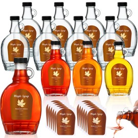 Maxdot 12 Pcs 8 oz Glass Maple Syrup Bottles Clear Reusable Glass Bottles with Lids, Loop Handle and 12 Pcs Maple Syrup Stickers Clear Jars Container for Oil Sauce Milk Juice Storage Gift