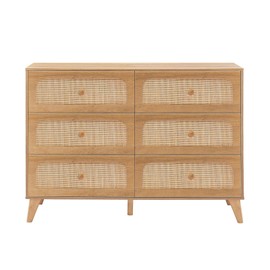 GANLLY Rattan 6 Drawer Dresser for Bedroom, Natural Wood Dresser with Deep Drawers, Wooden Chest of Drawers for Closet with Wide Top, for Living Room, Hallway, Kids Room,Natural