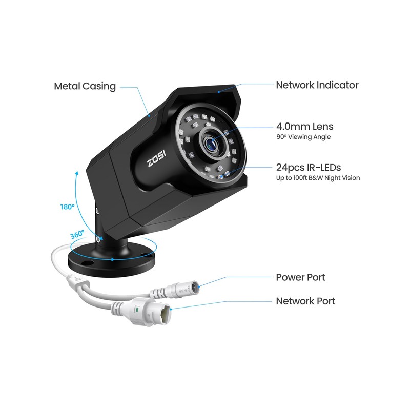 ZOSI 4K 8MP Security PoE IP Bullet Camera Outdoor Indoor