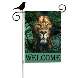 Mugod Lion Garden Flag 12.5x18" Double Sided for Outside, Jungle Animal Tropical Leaves Burlap Small Seasonal Yard Flag for Outdoor Decor