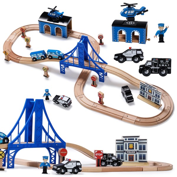 SainSmart Jr. Wooden Train Set - Interactive Police Playset for