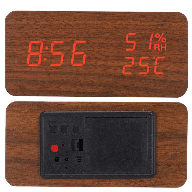 Wooden Alarm Clock LED Voice Control Desk Rectangular Brown Wood