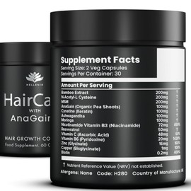 Hair Growth Supplement with AnaGain® | 60 Capsules - 1 month supply | Hair Growth and Hair Gain Supplement, Fuller, Thicker Hair | Bamboo, Keratin, AnaGain & more - Made in the UK by Hellenia
