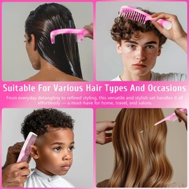 4 Pcs Unisex Hair Comb Set - Rat Tail, Wide & Fine Tooth and Dual-Sided Combs for Daily Detangling, Pink