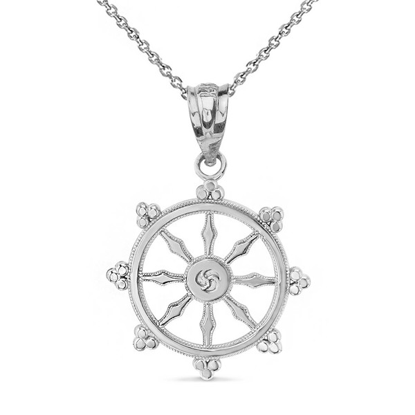 Religious Jewelry Sterling Silver Dharma Wheel Buddhism Symbol Dharmachakra Necklace,