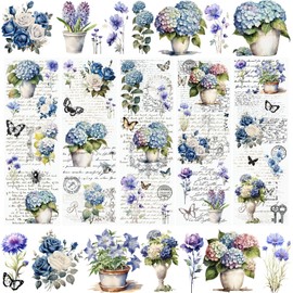 WANDIC 5 Sheets Rub On Transfer Stickers Vintage Blue Floral Decals Waterproof Stickers Furniture Windows Craft Decals for Home Office,11.8 * 3.9in