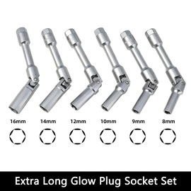 DPTOOL 6pcs 3/8" Drive Extra Long Glow Plug Socket Set, 180 Degree Universal Joint Swivel Spark Plug Socket Set, 6 Point Glow Plug Removal and Installation Tool 8mm 9mnm 10mm 12mm 14mm 16mm