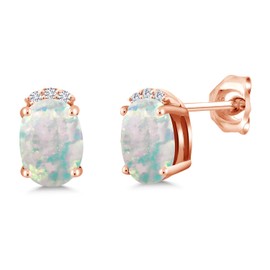 Gem Stone King 18K Rose Gold Plated Silver White Simulated Opal and White Lab Grown Diamond Earrings Jewelry For Women (2.06 Cttw, Oval Cabochon 7X5MM)